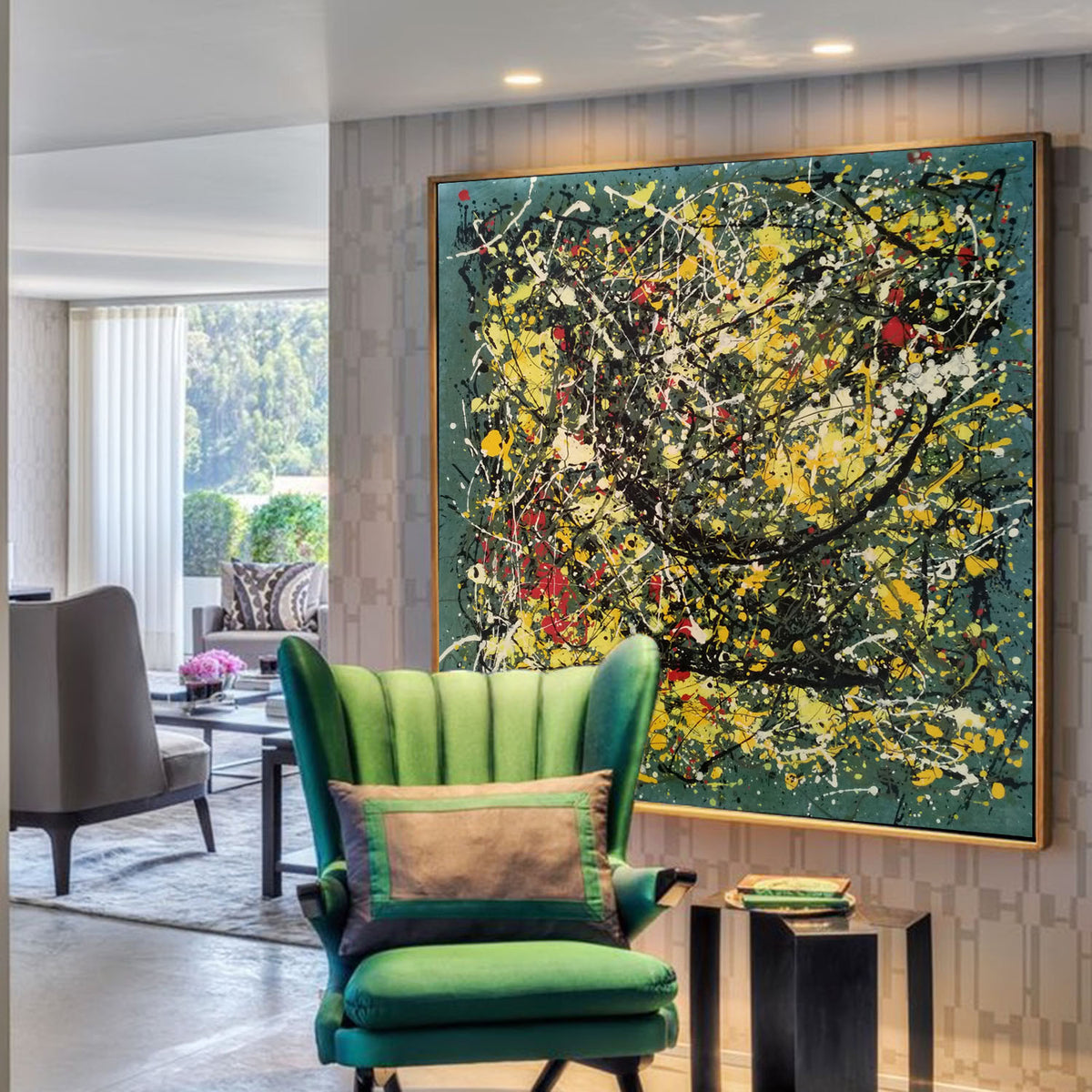 Yellow splatter paint art, abstract acrylic painting L242 – LargeArtCanvas