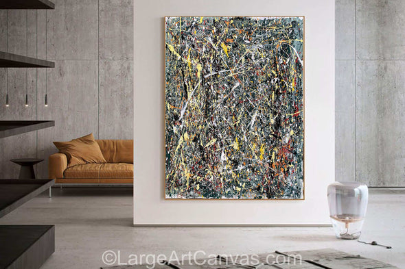 Pollock Style Painting Brown & Yellow Drip Painting – Pollock-Inspired Abstract Canvas Wall Art L1265