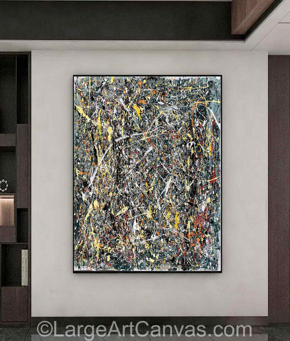 Pollock Style Painting Brown & Yellow Drip Painting – Pollock-Inspired Abstract Canvas Wall Art L1265