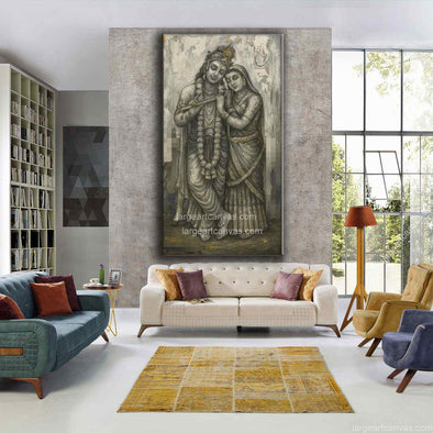 Sepia-toned painting of Hindu deities Krishna and Radha, Krishna playing flute with Radha leaning on his shoulder, framed in thin aluminum frame, spiritual Indian wall art for living room or bedroom