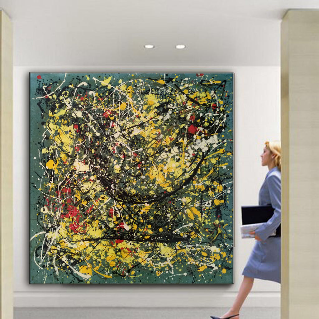 Yellow splatter paint art, abstract acrylic painting L242 – LargeArtCanvas
