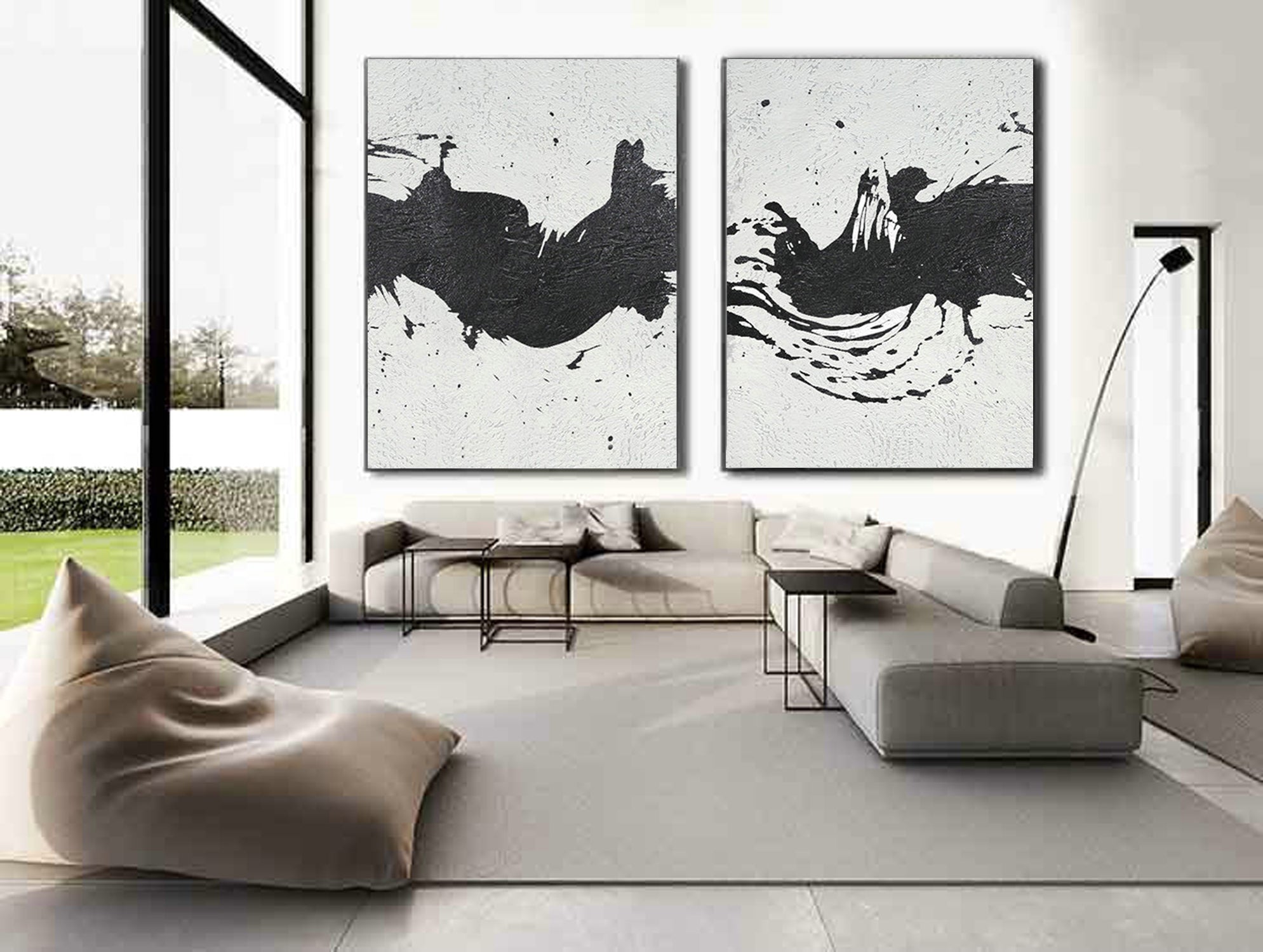 Black and white modern paintings, oversized abstract canvas wall