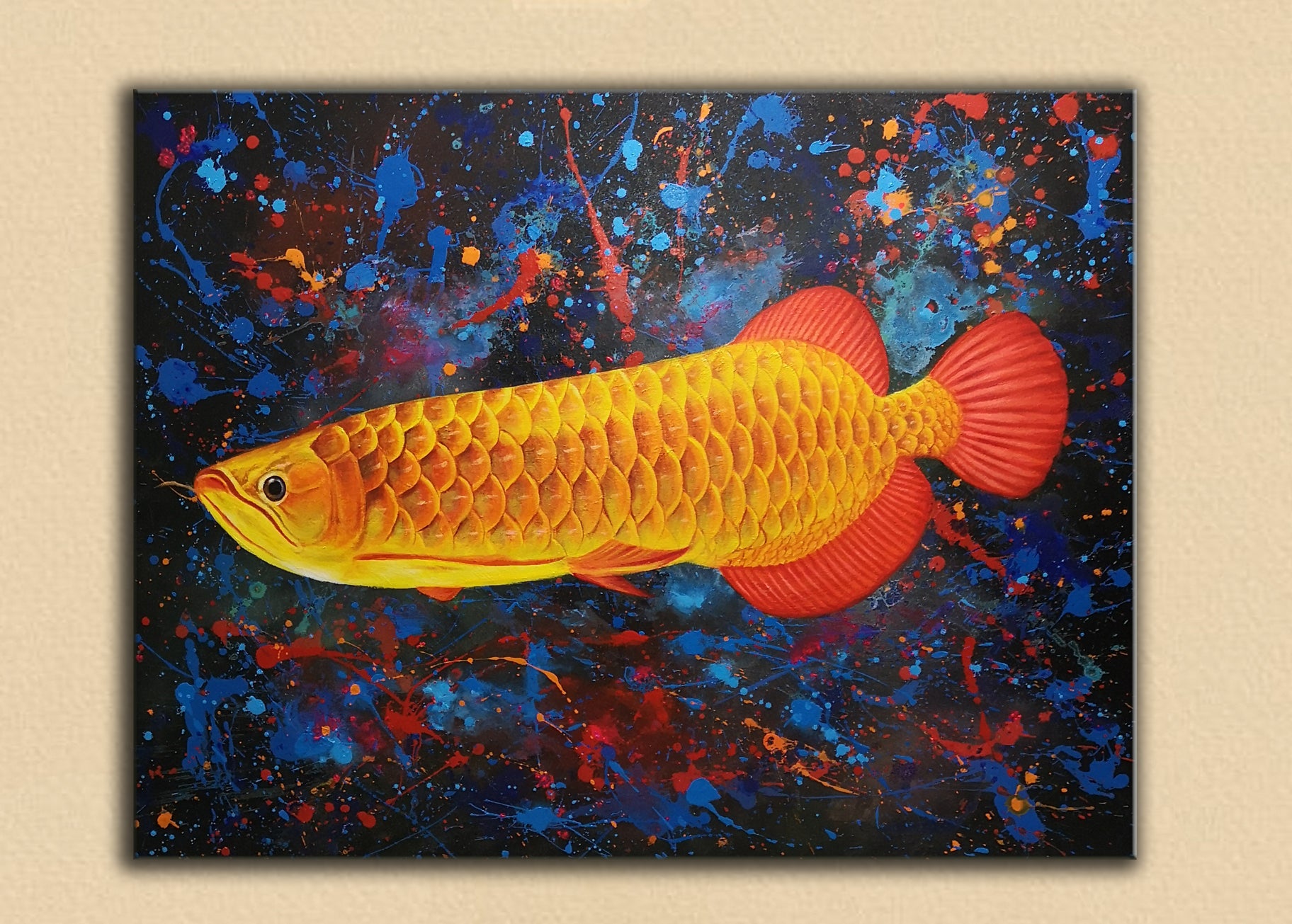 Gold drip painting artist, fish modern art, Contemporary Fish Wall