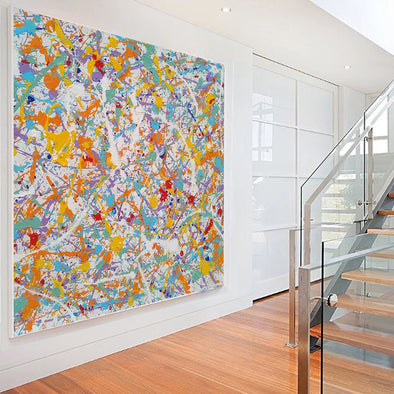 Pollock-style abstract painting in yellow, light blue, and white with expressive drip and splatter textures