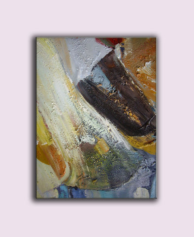 Yellow abstract oil painting with bold brushstrokes and rich texture on canvas, modern wall art