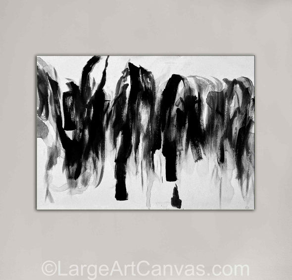 Large black and white abstract oil painting with bold brushstrokes, modern canvas wall art for living room
