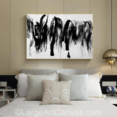 Large black and white abstract oil painting with bold brushstrokes, modern canvas wall art for living room