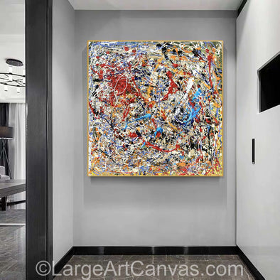A large abstract oil painting on canvas displayed on a wall, with a colorful, chaotic pattern of brush strokes filling the space.