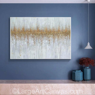 Large abstract oil painting in gold and white, modern wall art for living room