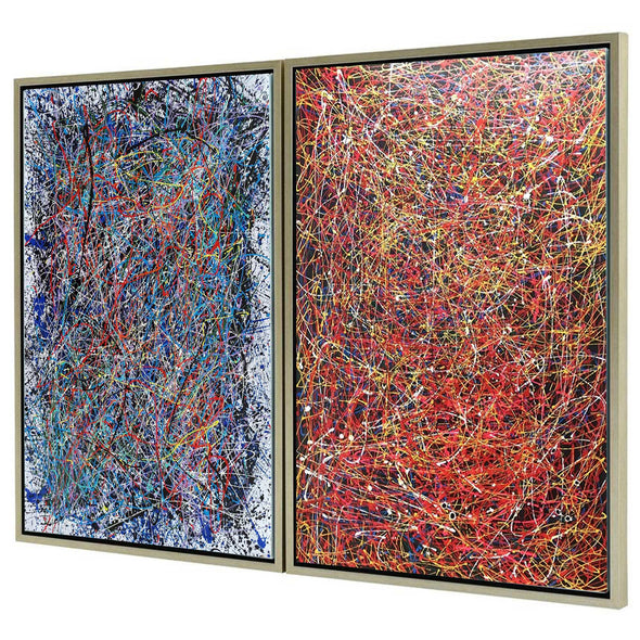 Two large Pollock style abstract drip paintings on canvas, original diptych set – L1254